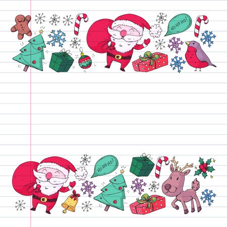 Christmas winter party. Happy new year. Bullfinch, Santa Claus, snowman, deer Presents and candyのイラスト素材
