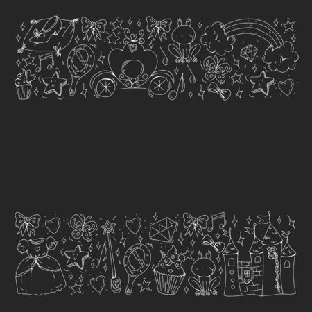 Vector pattern for little girls. Princess illustration for happy birthday party. Blackboard chalk illustrationのイラスト素材