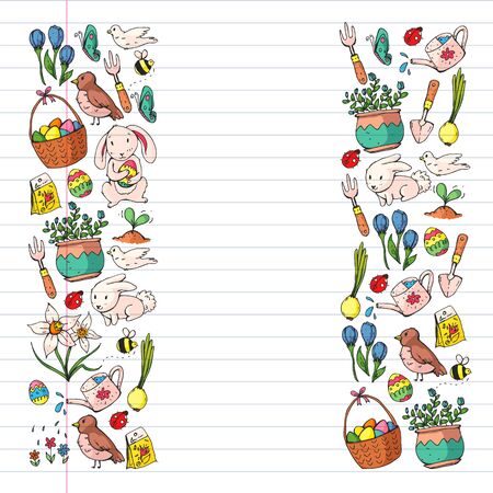 Vector pattern with easter and spring elements. Eggs in basket, bunny, flowers, birds.のイラスト素材