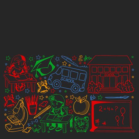 Back to School. Vector pattern with icons and children.のイラスト素材