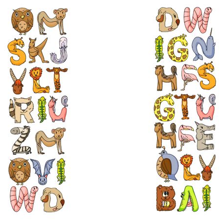 Animal alphabet. Zoo alphabet. Letters from A to Z. Cartoon cute animals. Elephant, dog, flamingo, giraffe, horse, alligator, bear, cat.のイラスト素材