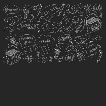 Vector pattern for language class, online courses. English, arabic, italian, japanese, spanish, chinese, german.のイラスト素材