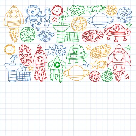 Space background doodle illustration. Vector illustration. Pattern with cartoon space rockets, planets, stars.のイラスト素材