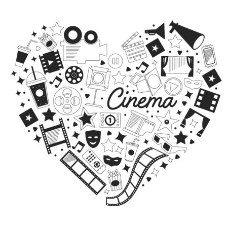 Vector pattern with cinema icons. Movie Theater, TV, popcorn, video clips, musicalのイラスト素材