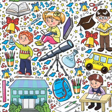 pattern with little children. Back to school. Geography, geometry, mathematics, physics, chemistry, astronomyのイラスト素材