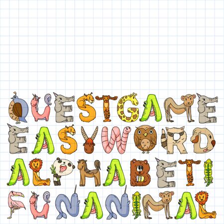 Animal alphabet. Zoo alphabet. Letters from A to Z. Cartoon cute animals.のイラスト素材