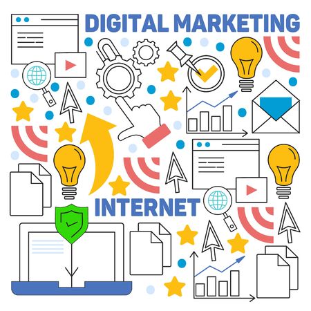 Hand drawn vector illustration background of digital marketing with doodles elementsのイラスト素材