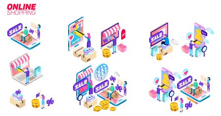 E-commerce, retail, store. Internet marketing. Isometric online shopping and delivery.のイラスト素材