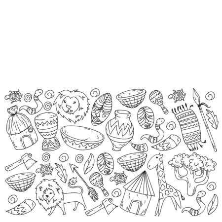 Vector african tribal pattern for banner and posters. Icons of animals and traditional elements for children fabric, clothes, textile. Travel and adventureのイラスト素材