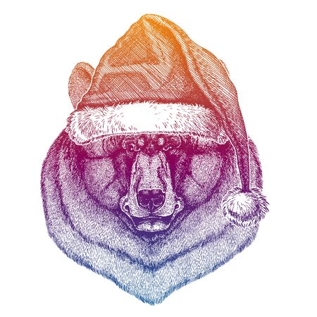 Vector animal wearing Santa Claus Christmas hat. Print for children. Kids illustration for posters, clothes, party invitations.のイラスト素材