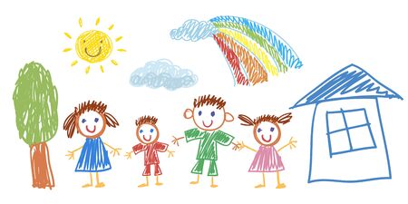Father, mother, son and daughter together. Happy family with house and rainbow. Vector illustration kids drawing style.のイラスト素材