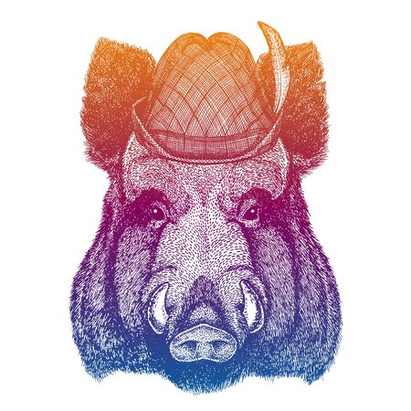 Vector aper, boar, hog, wild boar. Bavarian traditional hat. Tirol austrian hat. Beer Oktoberfest character portrait.のイラスト素材