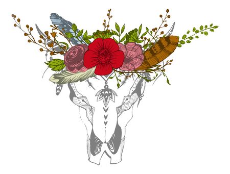 Cow, buffalo, bull skull in tribal style with flowers. Bohemian, boho vector illustration. Wild and free ethnic gypsy symbol.のイラスト素材