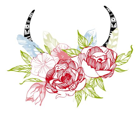 Bohemian style flowers. Roses and peony for wedding invitation design. Vector illustration with boho deer horns.のイラスト素材