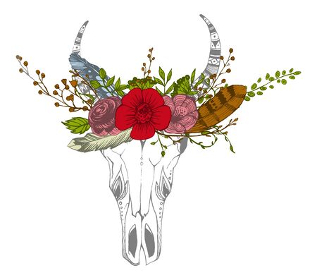 Cow, buffalo, bull skull in tribal style with flowers. Bohemian, boho vector illustration. Wild and free ethnic gypsy symbol.のイラスト素材