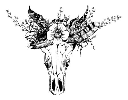 Cow, buffalo, bull skull in tribal style with flowers. Bohemian, boho vector illustration. Wild and free ethnic gypsy symbol.のイラスト素材