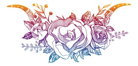 Bohemian style flowers. Roses and peony for wedding invitation design. Vector illustration with boho arrows.のイラスト素材