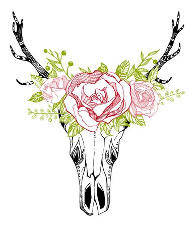 Cow, buffalo, bull skull in tribal style with flowers. Bohemian, boho vector illustration. Wild and free ethnic gypsy symbol.のイラスト素材