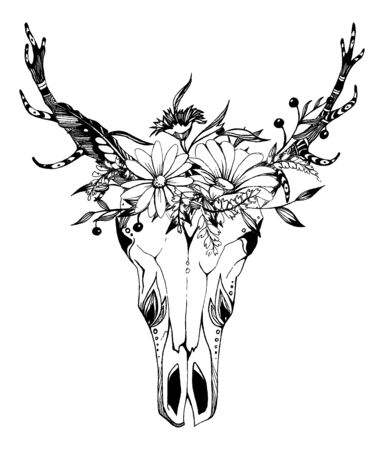 Cow, buffalo, bull skull in tribal style with flowers. Bohemian, boho vector illustration. Wild and free ethnic gypsy symbol.のイラスト素材