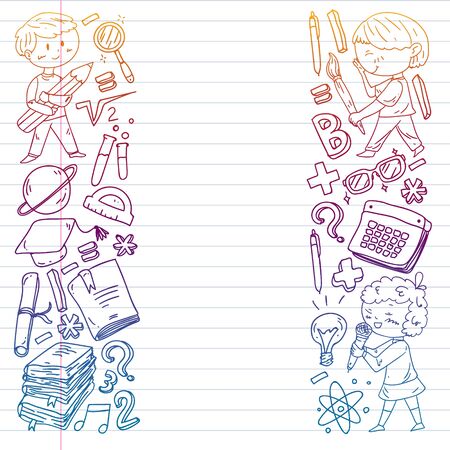 Cute school children. Imagination and creativity. Play and learn, singing, dancing, reading, drawing.のイラスト素材