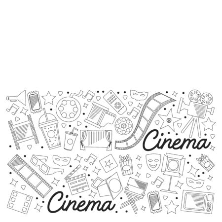 Cinema, video. Doodle set of vector icons. Megaphone, camera, movie. Musical theathre, entertaiment.のイラスト素材