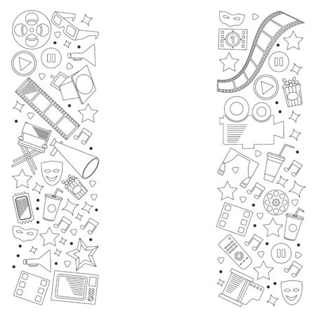 Cinema, video. Doodle set of vector icons. Megaphone, camera, movie. Musical theathre, entertaiment.のイラスト素材