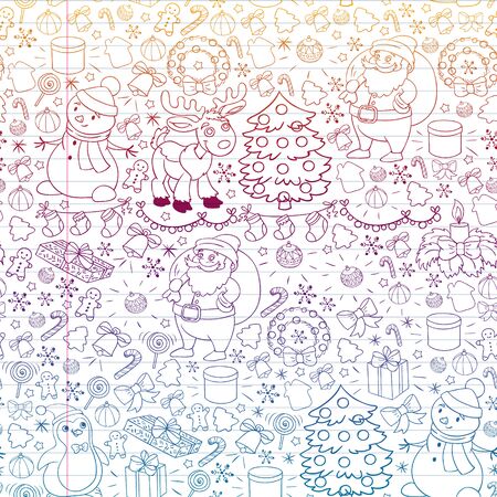 Merry Christmas and happy new year. Santa Claus, deer, snowman, penguin. Vector pattern.のイラスト素材