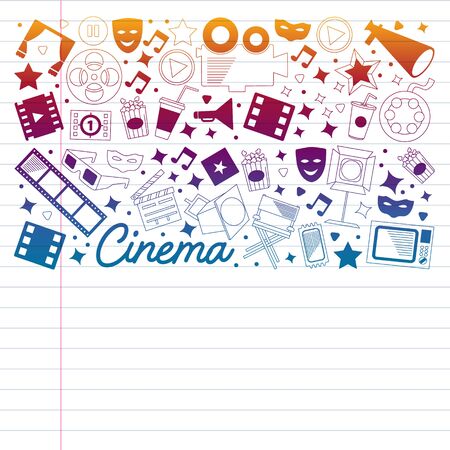 Movie Theater, TV, popcorn, video clips, musical Vector pattern with cinema iconsのイラスト素材