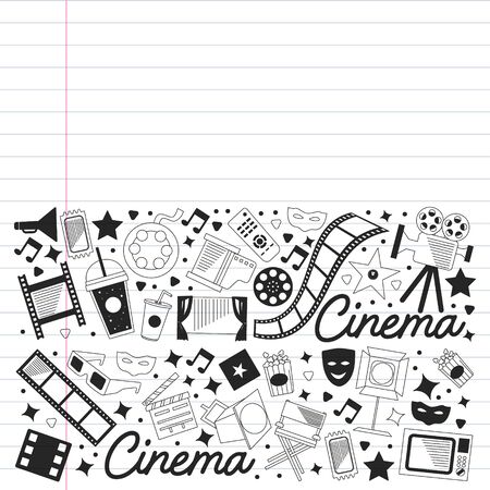 Movie Theater, TV, popcorn, video clips, musical Vector pattern with cinema iconsのイラスト素材