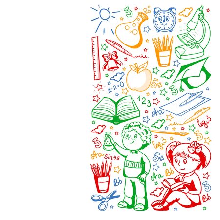Back to School. Vector pattern with icons and childrenのイラスト素材