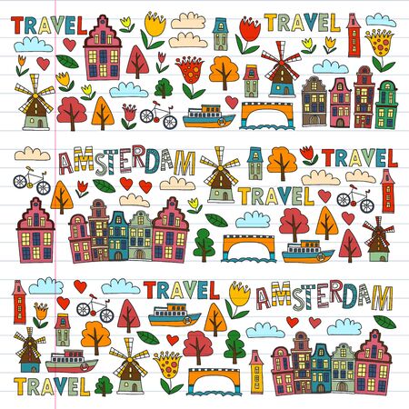 Vector pattern with Holland, Netherlands, Amsterdam icons. Doodle styleのイラスト素材
