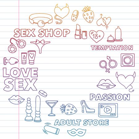 Vector set with sex shop icons. Erotic fetish games background.のイラスト素材