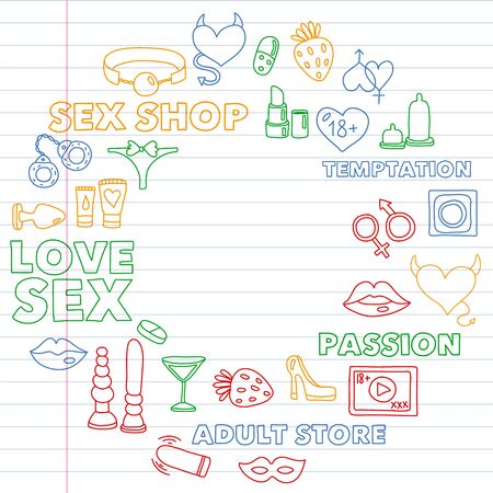 Vector set with sex shop icons. Erotic fetish games background.のイラスト素材