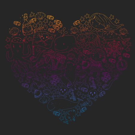 Pirates and mermaids. Vector pattern for little children. Birthday party in sea and ocean styleのイラスト素材