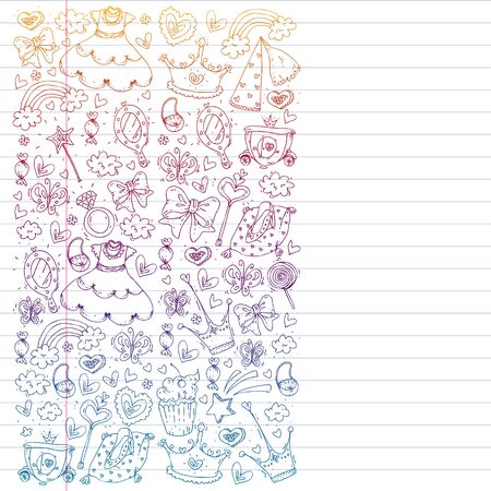 Princess birthday party for little girls. Kindergarten, school children picture. Illustration for children with castle, fairy, dress, crown.のイラスト素材