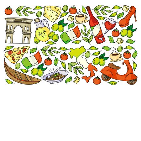 Italy. Vector set of icons for restaurant, cafe, backgrounds. Coliseum, Rome, Pisa, Venice. Cheese and Pizza.のイラスト素材