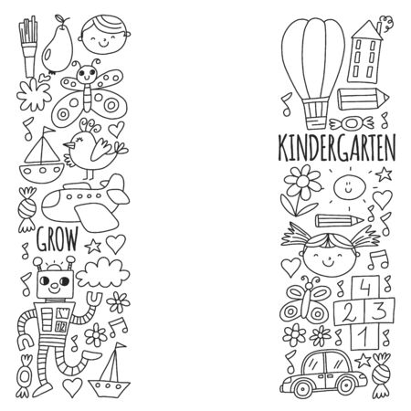 Vector pattern for kindergarten banners, posters with moon, planet, spaceship, rocket, sun, fruits, house, flowers. Creativity and imagination.のイラスト素材