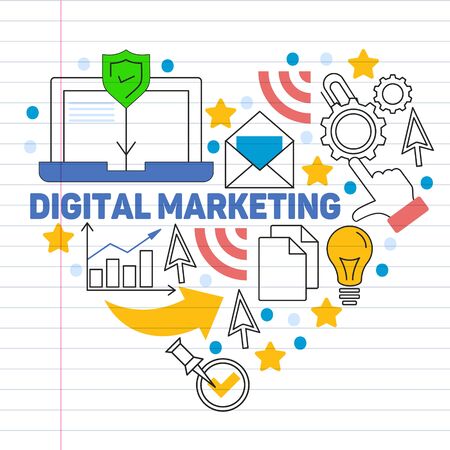 Hand drawn vector illustration background of digital marketing with doodles elementsのイラスト素材