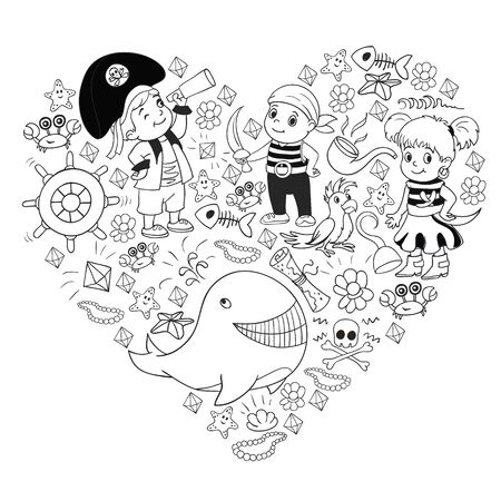 Vector set with pirate elements for birthday party for little children. Kids pattern with octopus, beach, treasure chest, shipのイラスト素材