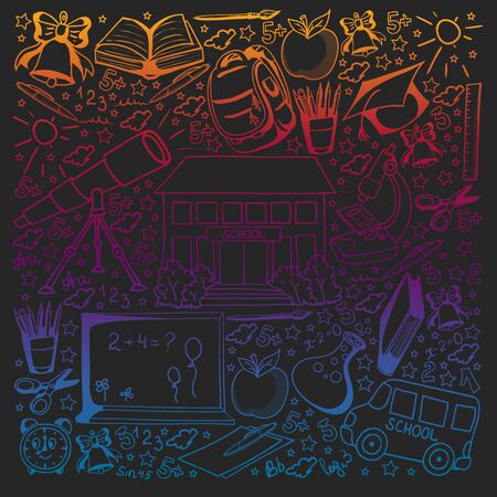 Vector pattern with school icons. Back to school. Geography, geometry, mathematics, physics, chemistry, astronomyのイラスト素材