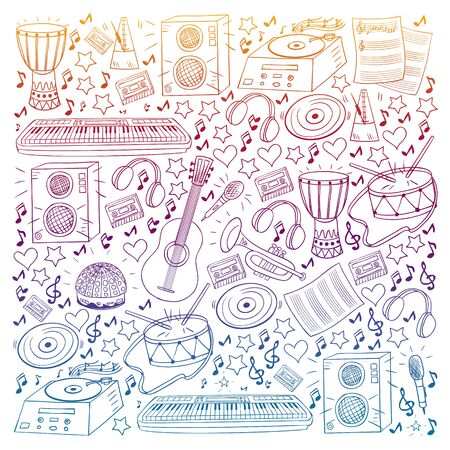Vector pattern with musical intstruments. Rock, jazz, disco, karaoke. Modern and classic music. Doodle style icons.のイラスト素材