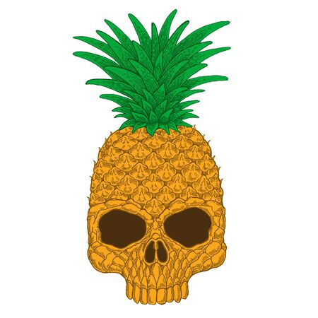 Vector illustration of pineapple skull. Halloween picture. Creative cool funny print for tee, pillow, banners, tattoo, posters.のイラスト素材