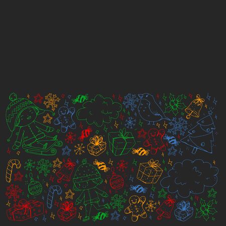 Christmas pattern with little children. Kids play and have fun during winter vacations.のイラスト素材