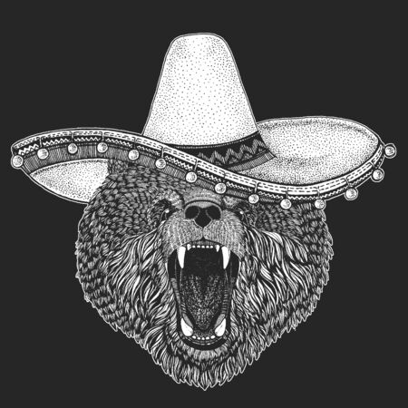 Wild bear. Sombrero is traditional mexican hat. Mexico. Portrait of animal for emblem, logo, tee shirt.のイラスト素材