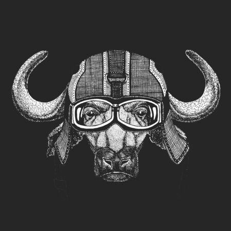 Portrait of buffalo, bison, bull, cow. Vintage motorcycle leather helmet. Face of animal.のイラスト素材