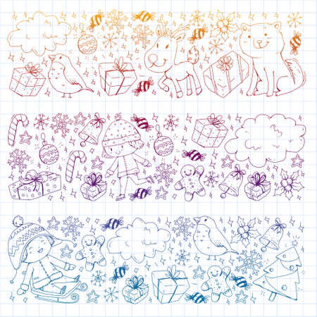 Christmas winter vector background with children. Kids vacation and sport.のイラスト素材