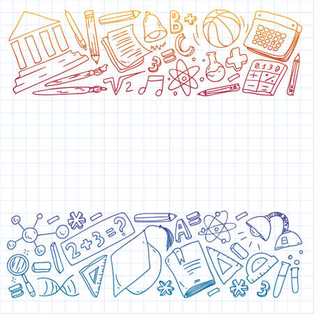 Back to School vector doodle set. Supplies for sport, art, reading, science, geography, biology, physics, mathematics, astronomy, chemistry.のイラスト素材