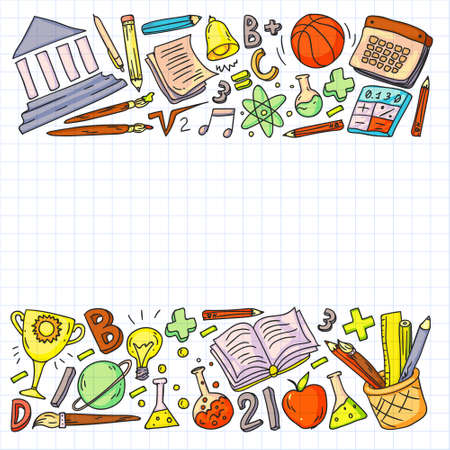 Back to School vector doodle set. Supplies for sport, art, reading, science, geography, biology, physics, mathematics, astronomy, chemistry.のイラスト素材