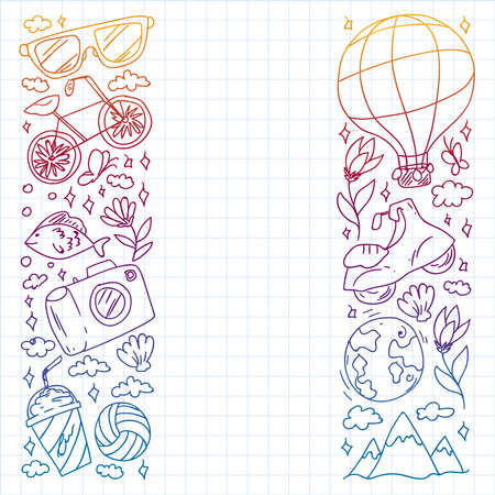 Flat design style modern vector illustration icons set of traveling on airplane, planning a summer vacation, tourism and journey objects.のイラスト素材