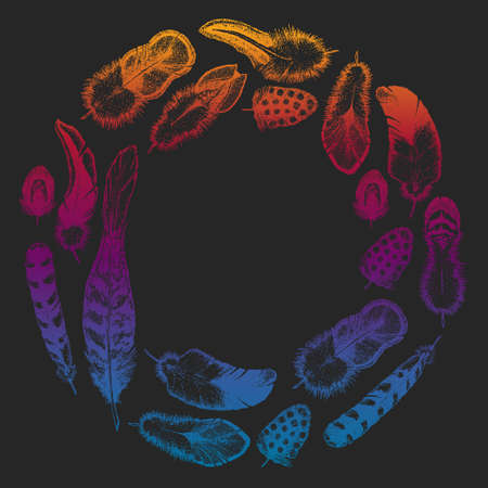 Set of ethnic feathers. Decoration design. Birds feathers, boho chic style. Tribal ornament pattern.のイラスト素材